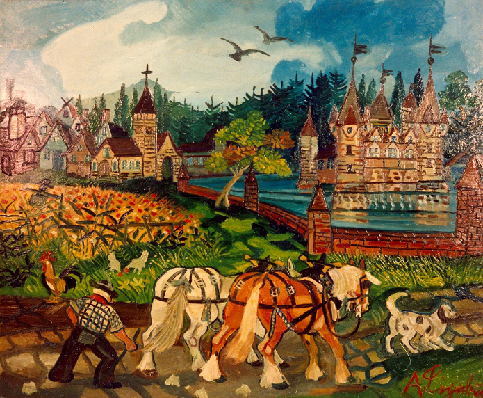 Ligabue, Cavalli con castello, olio su tela, Collezione Banca Popolare di Bergamo