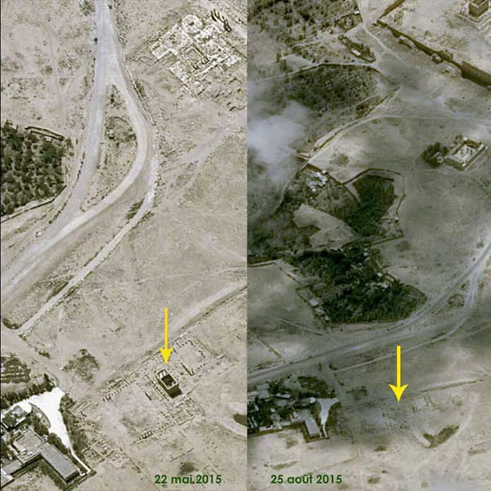 Siria. Foto satellitari del Tempio di Baalshamin a Palmira, prima e dopo la distruzione, maggio-agosto 2015 (Protect Syrian Archaeology)