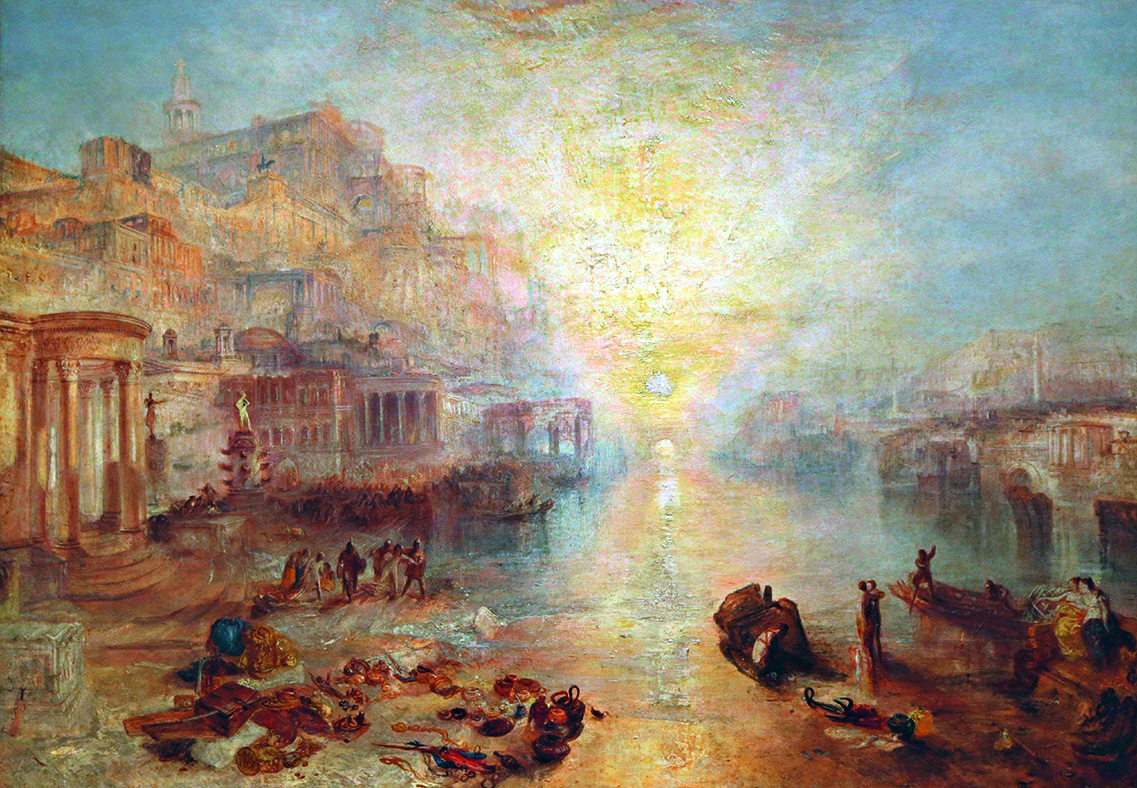 Ancient Italy - Ovid Banished from Rome, by J. M. W. Turner (1775?1851). This painting is characteristic of J.M.W. Turner's Romantic landscape style, known for its atmospheric effects and dramatic light. 1838.
