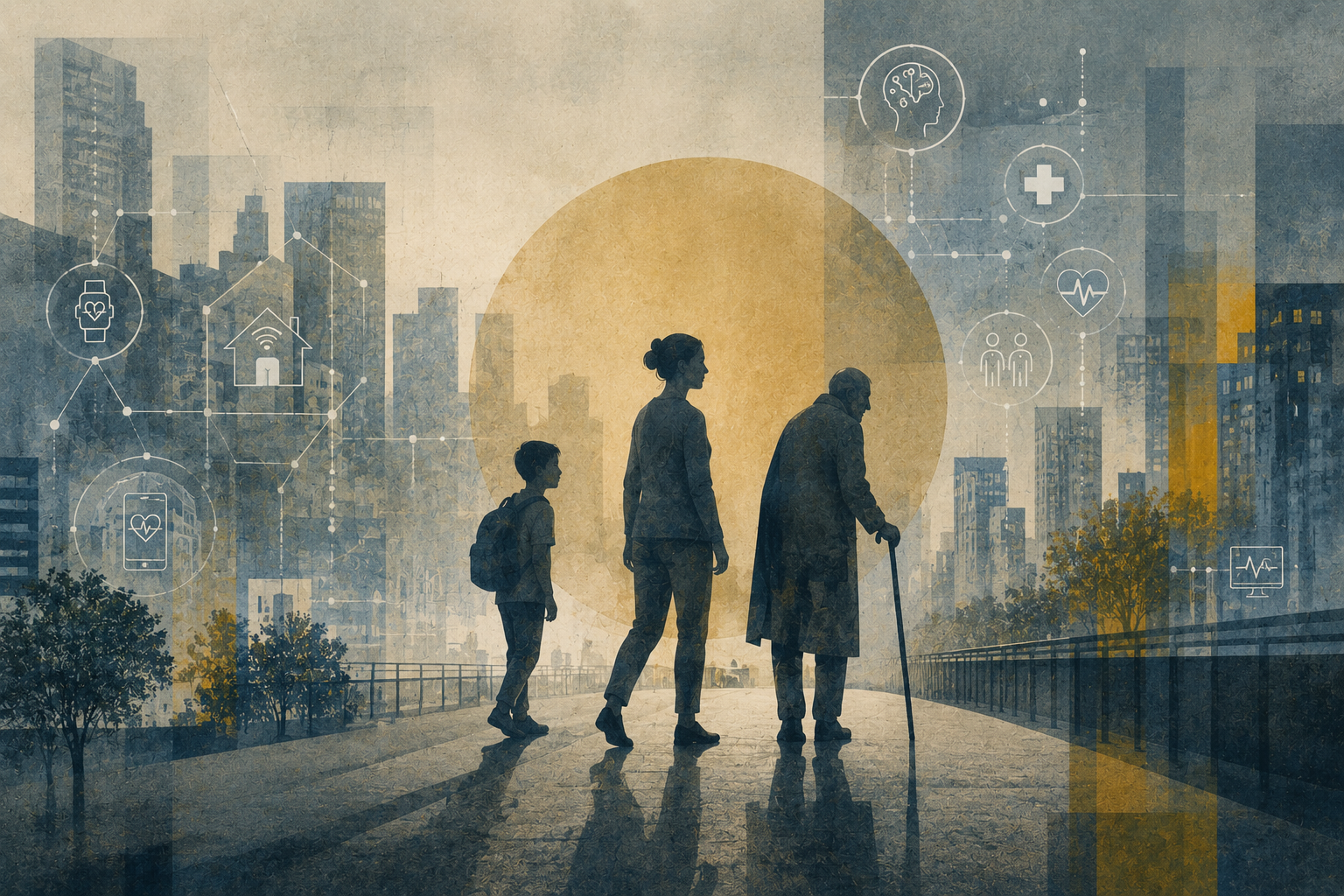 L'umanità tra città e tecnologia: Immagine generata con IA.