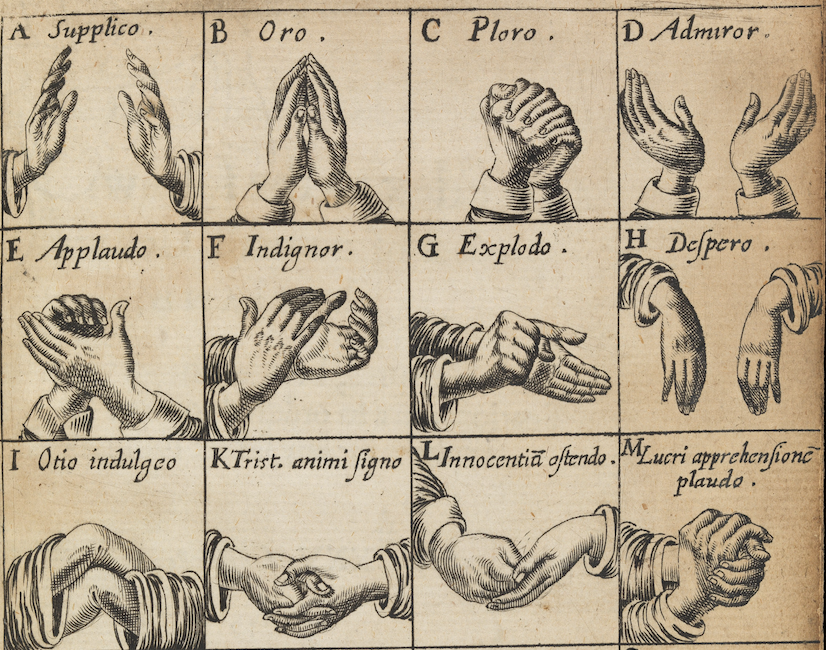 Il linguaggio passa anche dai corpi: tavola da John Bulwer, Chirologia: or the Natural Language of the Hand, 1644. Wellcome Collection, CC BY 4.0.