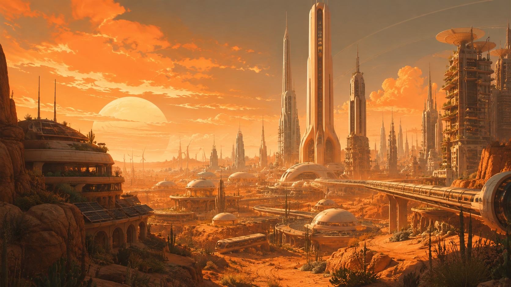 Un orizzonte retrofuturista: il futuro come miraggio urbano e paesaggio già nostalgico. Immagine generata con IA.