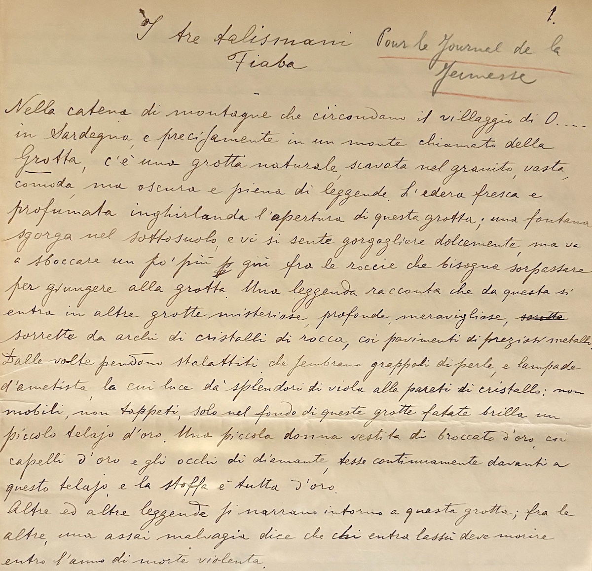 Manoscritto con firma autografa di una fiaba esposto al Museo Grzia Deledda a Nuoro.