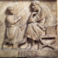Maestro e allievo. rilievo dal sarcofago di Marco Cornelio Stazio, da Ostia, Parigi, Museo del LouvreSQUARE