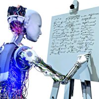 Artificial intelligence systems and education in the future. Robot is writing mathematic formulas on whiteboard.